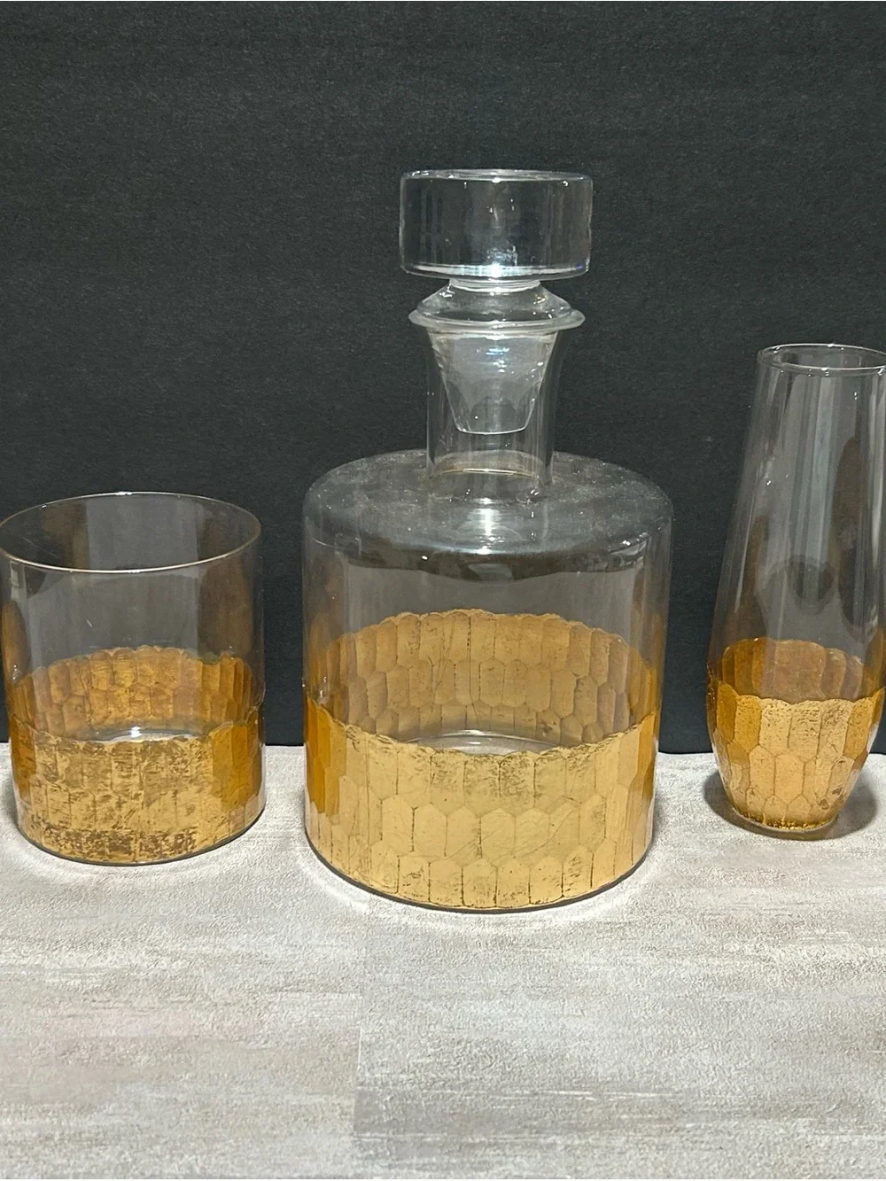 Gold Accent Glass Decanter Set - Elegant Honeycomb Band